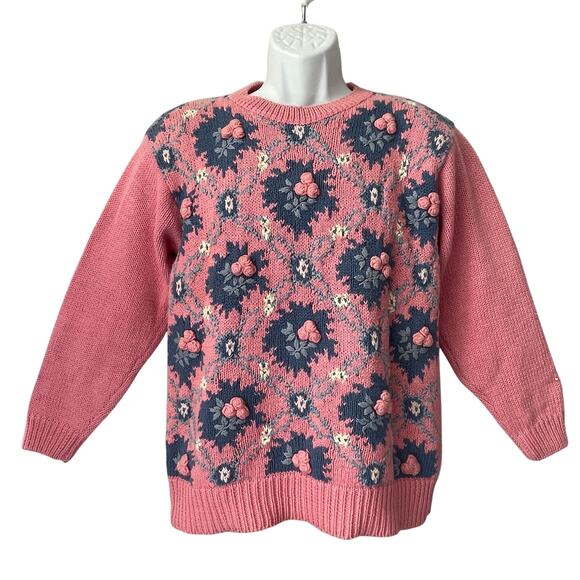 VINTAGE 80s PS Sport Floral Lattice Embellished Argyle Sweater Size Small - Picture 1 of 6